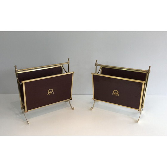 Image 1 of Pair of vintage neoclassical mahogany and brass magazine racks, 1940