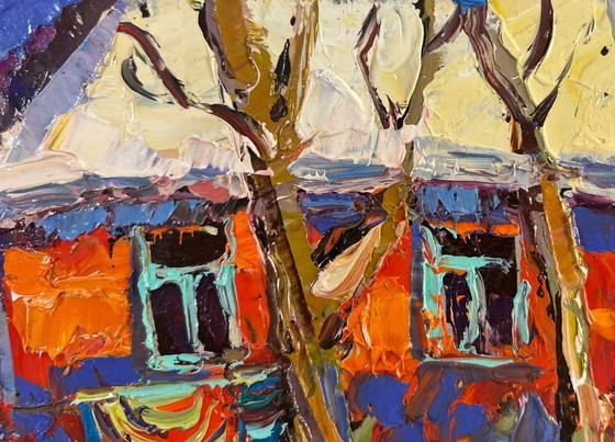 Image 1 of Original Oil Painting Frosty House Landscape The quiet beauty of a winter morning