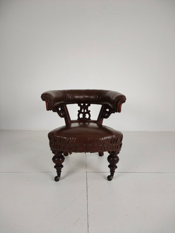 Antique Leather Armchair by Robson & Son – Carved Wood & Castors, Newcastle (photo 2 of 11)
