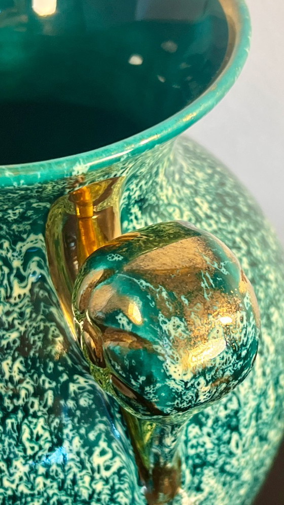 Image 1 of Vintage Vallauris Art Pottery Vase – Seafoam Glaze with Gilt Snail Handles | France, 1960s