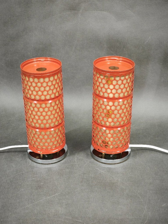 Pair of Red Perforated Metal Space Age Table Lamps, Czechoslovakia, 1970s, Chrome (photo 2 of 13)