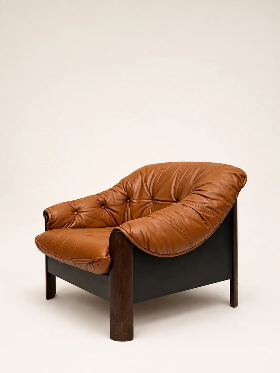 Vintage brutalistische loungestoel – Fauteuils, Leather, Wood, Mid Century Modern (photo 2 of 9)