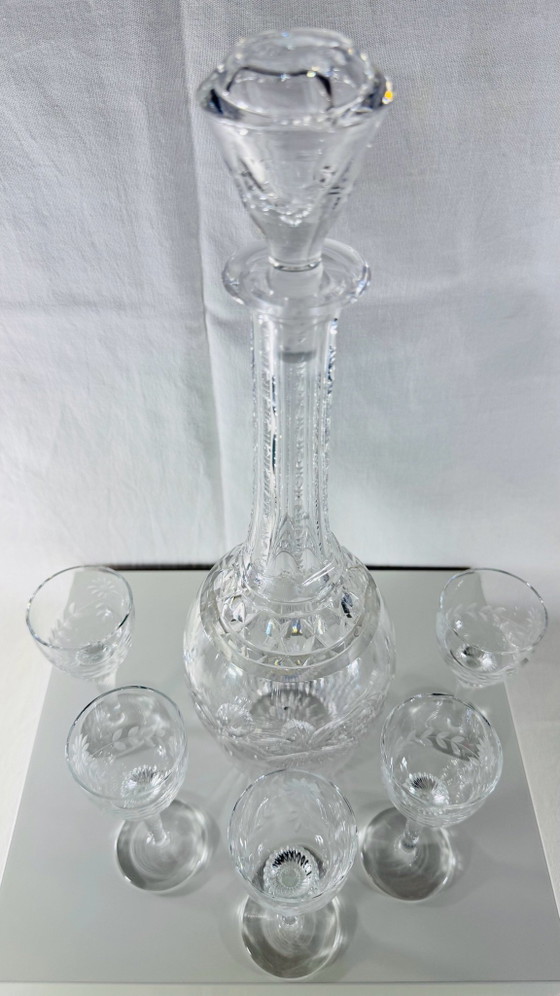 Set da liquore Art Déco antico in cristallo al piombo: Caraffa con 5 bicchieri (ca. 1920), Bicchieri e caraffe (foto 5 di 11)