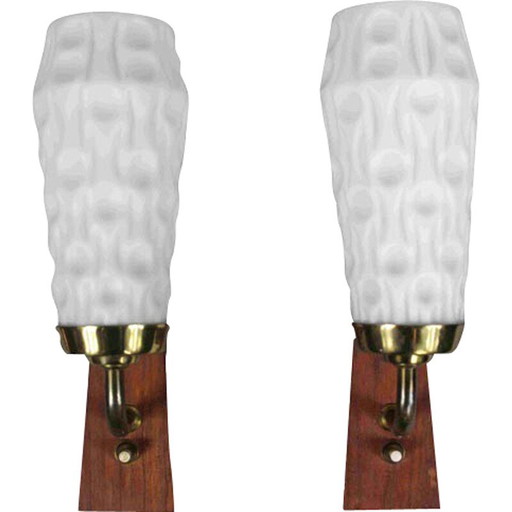 Pair of vintage wall lamps with brass and opalin glass, Denmark 1960s