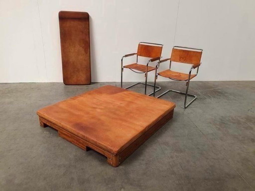 Vintage coffee table gym cabinet gymnasium harness leather 70s teak