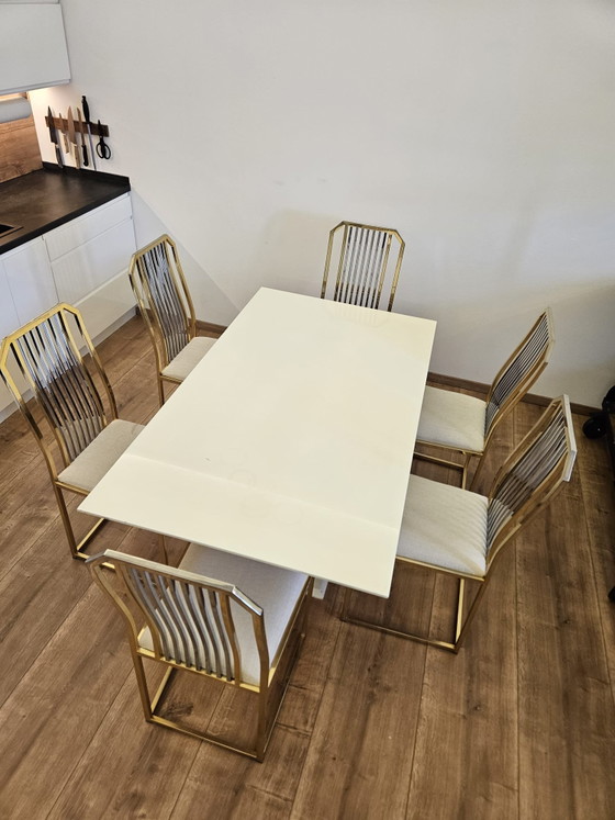 Image 1 of Re: Mesa de comedor de diseño, blanco brillante, dorado, cromo, 6 sillas, metal, lujo