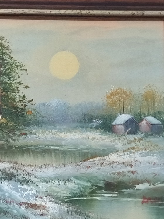 Image 1 of Dipinto vintage degli anni '70/'80, paesaggio invernale, olio su tela, cornice in legno.