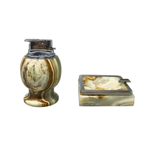 1960s Mid-Century Modern Italian Onyx Smoking Set with Table Lighter & Ashtray – decoratieve objecten, Marble