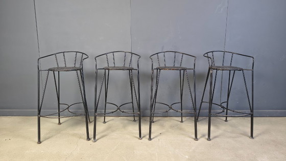Image 1 of Tabourets de bar vintage en fer forgé et rotin, lot de 4 - années 1970