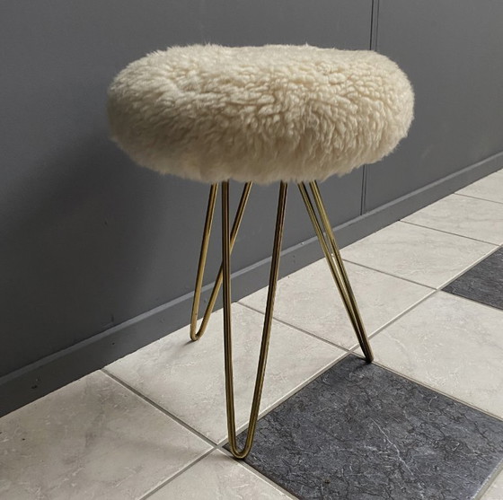 Image 1 of wool top brass small stool 1960s Sheep skin top