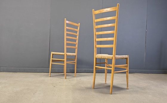 Image 1 of Set of 6 Beech wood italian ladder back chairs, 1970s