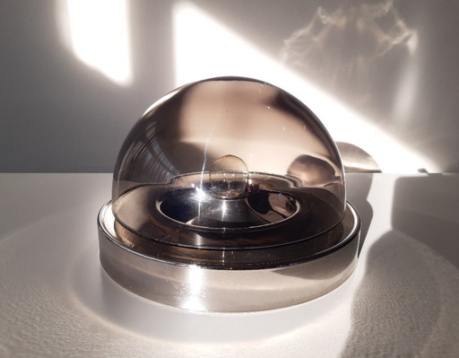 Elegante lampada da soffitto in stile spaziale con paralume in vetro fumé, lampada da soffitto in vetro vintage con cromo