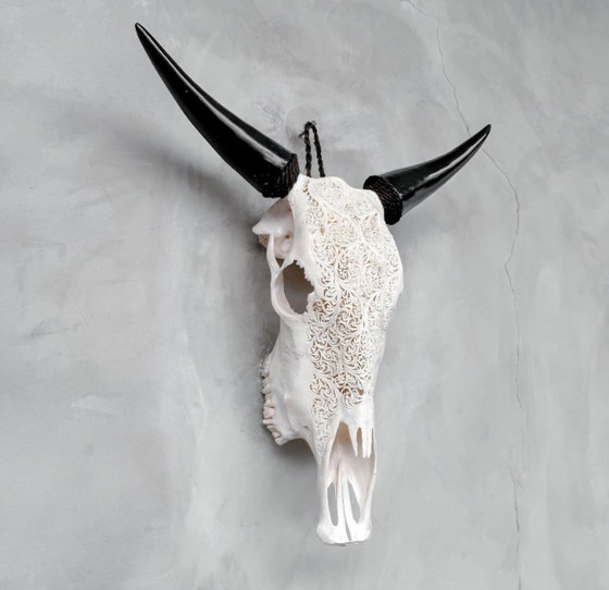 Image 1 of Handgesneden Koeienschedel–Uniek Varenmotief(Boho-Ibiza)