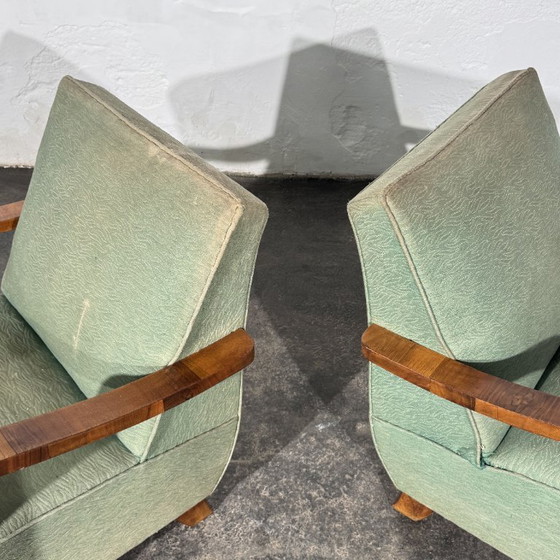 Pair of Art Deco Style Armchairs with Veneered Arms, 1960s – Textile (photo 10 of 14)
