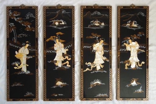 Vier Chinese panelen van gelakt hout en parelmoer, China, jaren 1960 – decoratieve objecten, Wood, Other