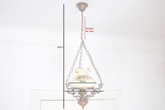 Image 1 of Ceiling lamp, pendant lamp, petroleum glass shade, 75-90cm, vintage