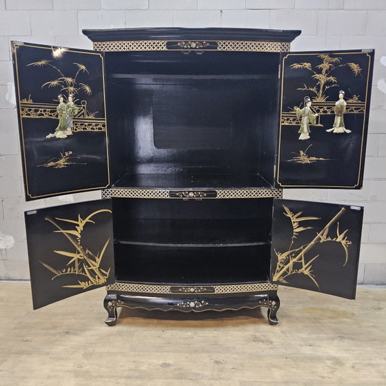 Vintage Chinese black lacquer cabinet (soapstone, mother-of-pearl) bohemian / oriental cabinet ^ bridal (photo 3 of 15)