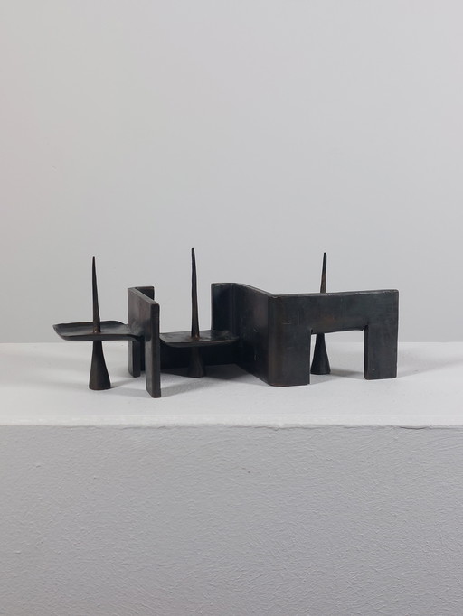 Brutalist vintage candlestick, bronze patina, Wolfgang Bergmeister Ebersberg