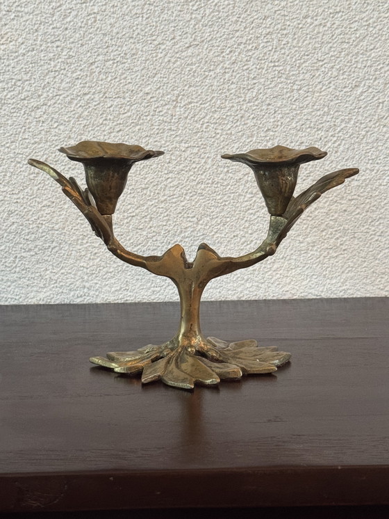 Image 1 of 🕯️ Bronzen Art Nouveau tweearmskandelaar | handgegoten, massief, authentieke patina | 1890–1920