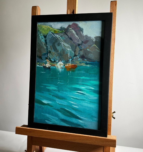 Image 1 of Original Oil Painting Rock Landscape The sea washes the mountains