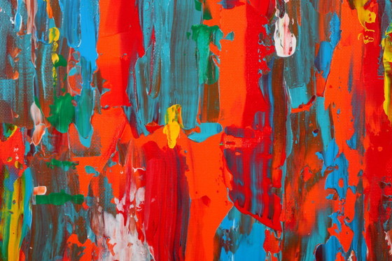 Image 1 of Abstract Red, Orange and Blue original painting on stretched canvas