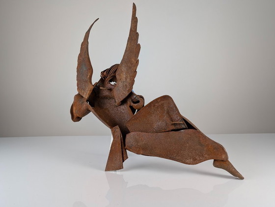 Image 1 of Sculpture d'ange en fer forgé de style néo-Renaissance espagnole, jouant du luth, vers 1900