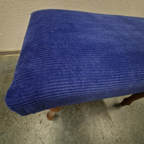 Image 1 of Vintage footstool cobalt blue newly upholstered stool footstool oak 1960s