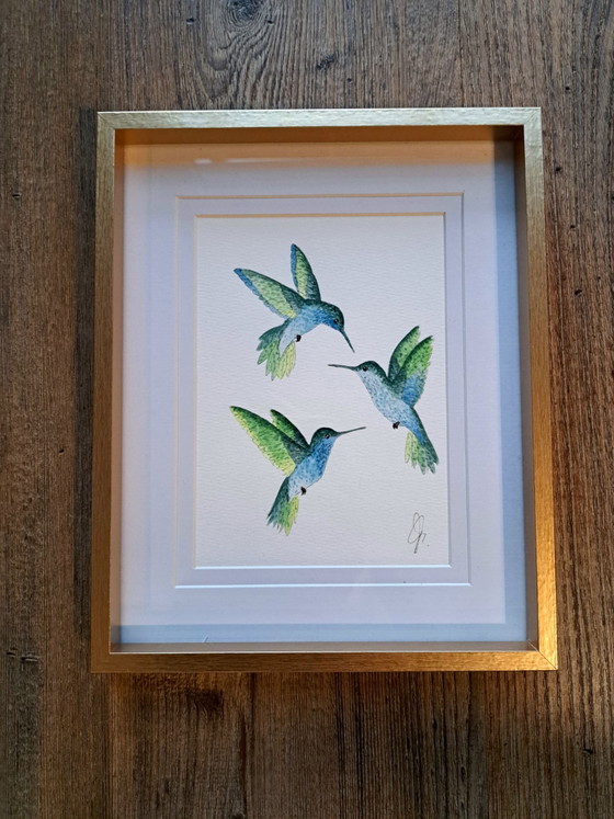 Watercolor painting Hummingbirds Green with Blue | With frame, Paintings & Drawings, Paper (photo 2 of 5)