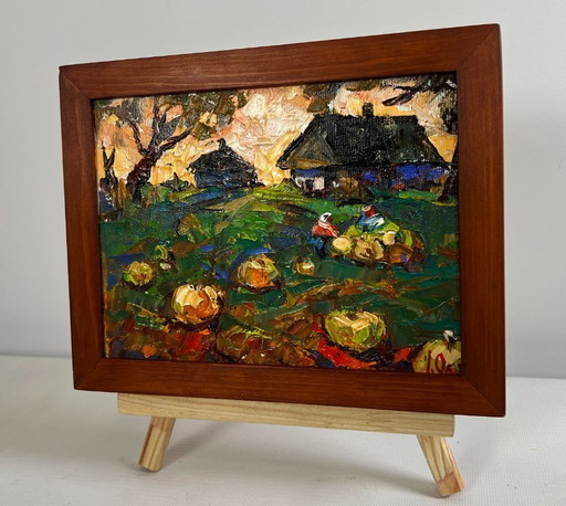 Original Oil Painting Autumn Houses Landscape Autumn vegetable gardens