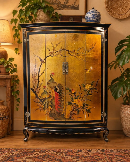 Vintage Chinese Cabinet with Gold Leaf Flowers, Birds and Peacock / Bohemian / Oriental Cabinet