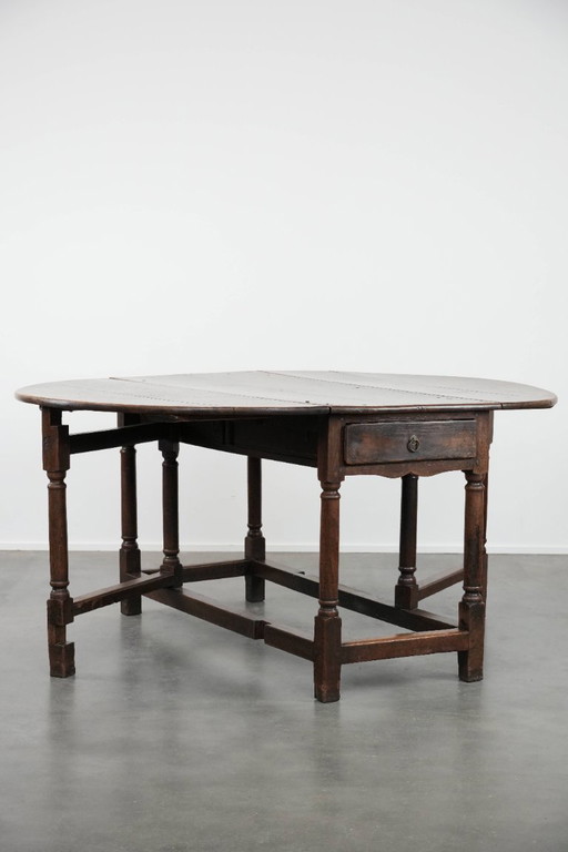 Antico tavolo da pranzo/tavolo a ribalta/tavolo da pranzo in quercia inglese del XVIII secolo