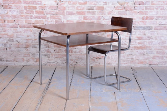 Gerestaureerde Bauhaus-tafel, van Vichr a spol., eikenhout, chroom, gepolijst, Tsjechisch, jaren 1940 – Metal (photo 5 of 15)