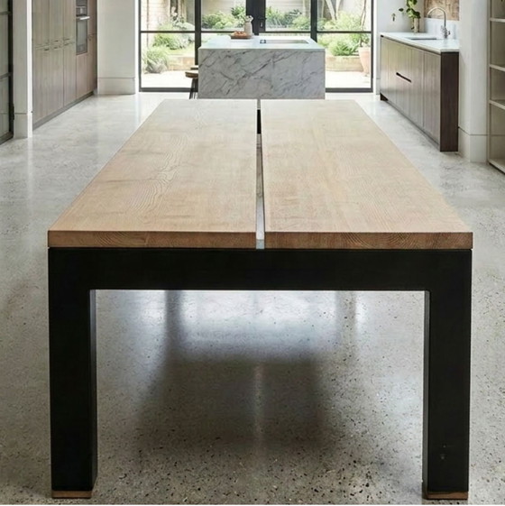 Industriële design eettafel / vergadertafel - massief eiken - 250 bij 120 – polished steel, Wood (photo 5 of 9)