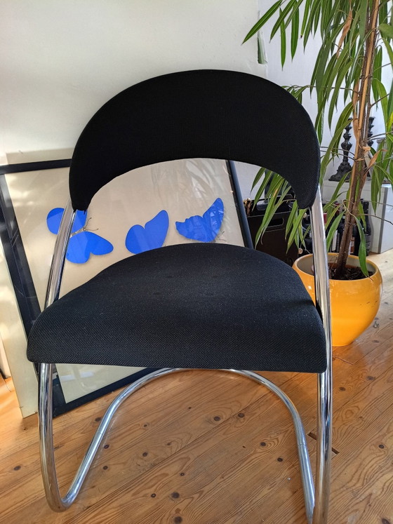 2 einzigartige Thonet Stühle, Esszimmerstühle, Stoff, Chrom, Schwarz (Foto 7 von 9)