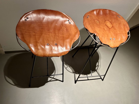 Image 1 of Barkrukken vintage industrieel met echt leren zitting