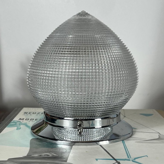 Small round Holophane prismatic glass wall or ceiling light with stainless steel base, Table lamps, Chrome (photo 5 of 9)