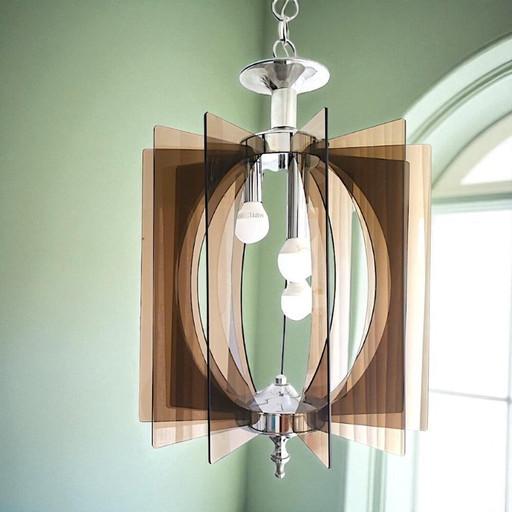 Mid Century Moderne plexiglas en zilver verchroomde kroonluchter voor 3 lampen, jaren 1980