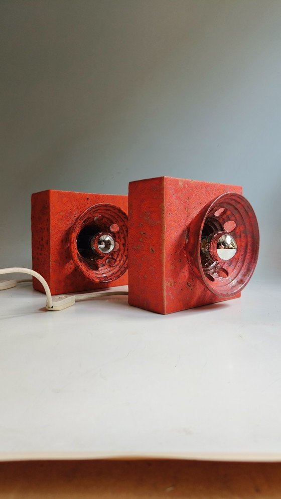 Image 1 of 2 brutalist fat lava wester-germany 1970s pottery orange wall lamps
