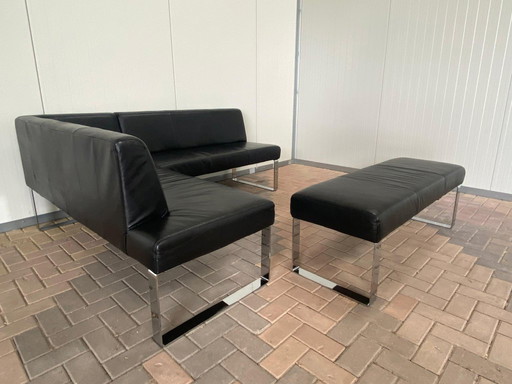 Black Genuine Leather Dining Corner Sofa with Footstool