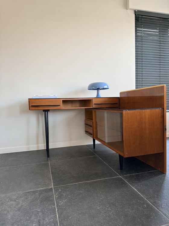 Vintage Mid-Century Desk With Sideboard Závody Bučovice – Glass, Wood (photo 3 of 8)