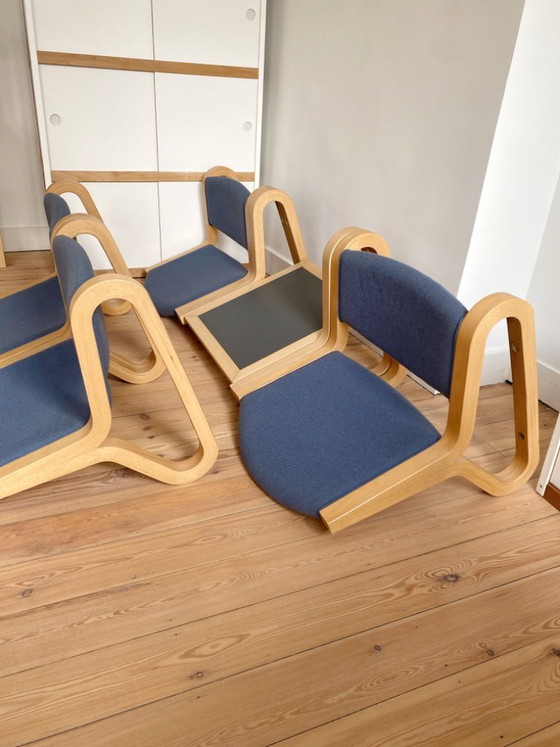 Vintage 4 Danish Wall Chairs + 1 Table Magnus Olesen – Chairs and lounge chairs, Textile, Wood (photo 8 of 14)