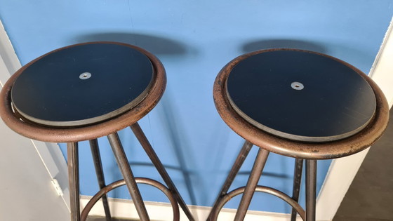 Image 1 of Set (2x) industrial vintage metal bar stools metal & wood