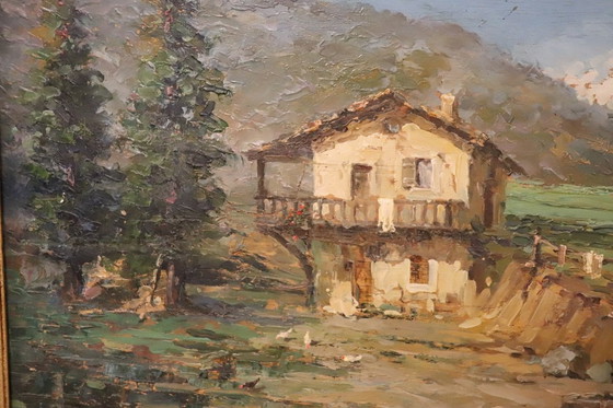Image 1 of Italiaans bergdallandschap, gesigneerd olieverfschilderij, 20e eeuw