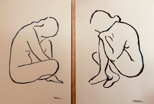 Set of 2 signed ink drawings, female portrait, "recto-verso"