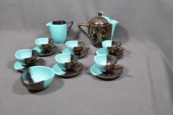 Mid 20th Century Vallauris – Black and Turquoise Blue Faience Coffee Set - 15 pcs – Crockery (photo 5 of 18)