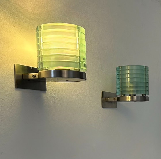 Image 1 of Coppia di lampade da parete vintage postmoderne, in vetro e metallo, Belgio, 1990
