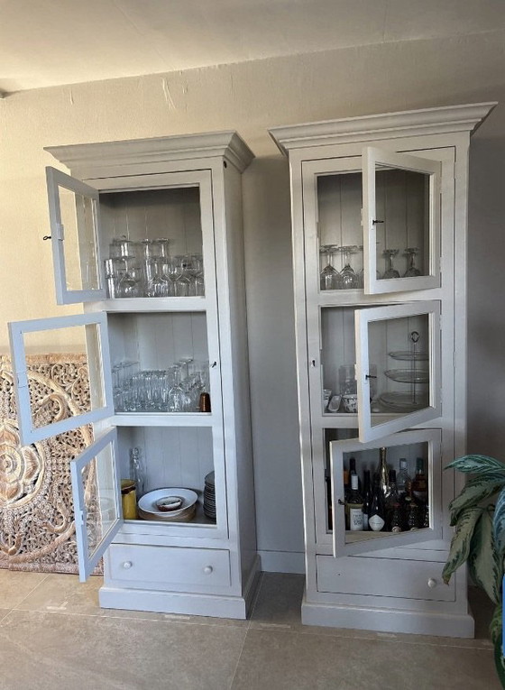 Mooie en stijlvolle set vitrinekast, Vitrinekasten, Hout, Glas, Taupe (foto 2 van 10)