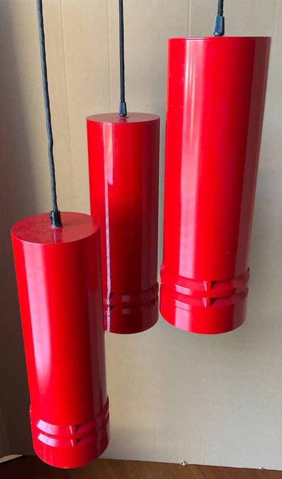 Image 1 of 3 lampade a sospensione rosse - "Pipeline P10" Design: Ole Pless Jorgensen