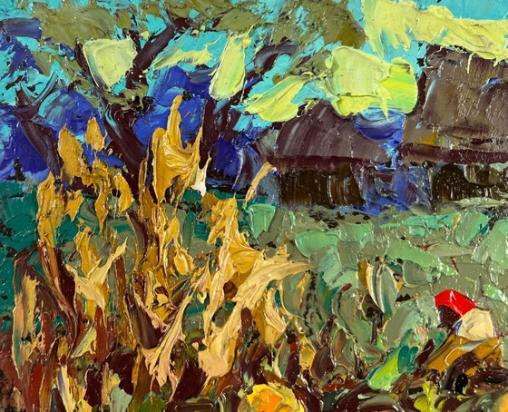 Image 1 of Original Oil Painting Evening Village Landscape The land that gives generosity