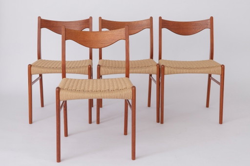 Juego de 4 Sillas de comedor Arne Wahl Iversen, danés Mid Century Modern, años 60–70, diseño escandinavo vintage, asientos de cu